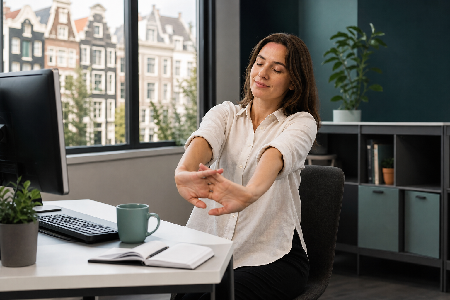 Office worker following a guided desk stretch routine at their workstation
